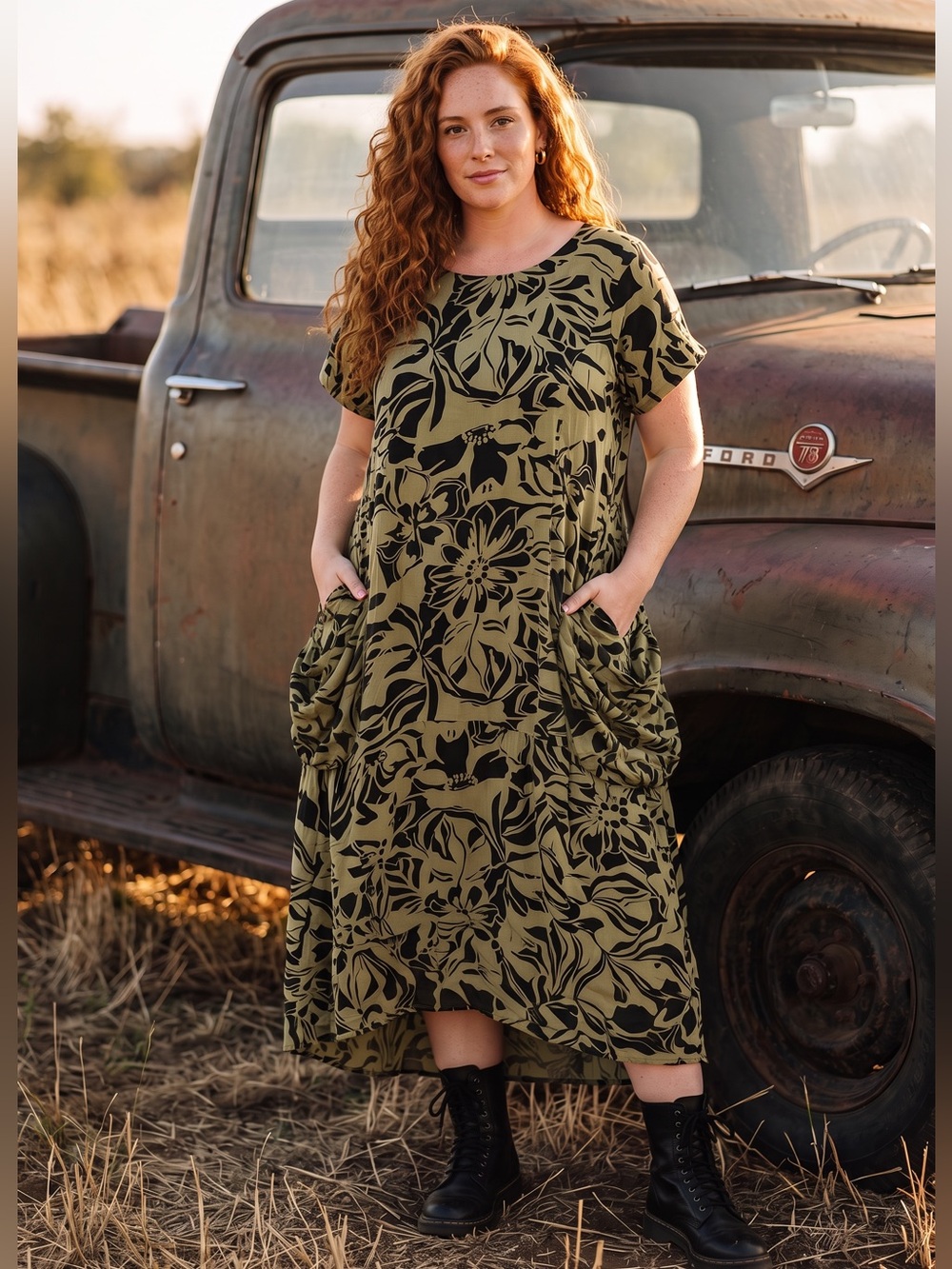 Free People Oversized Floral Tiered Flounce Hem Pouch Pocket High-Low Midi Dress